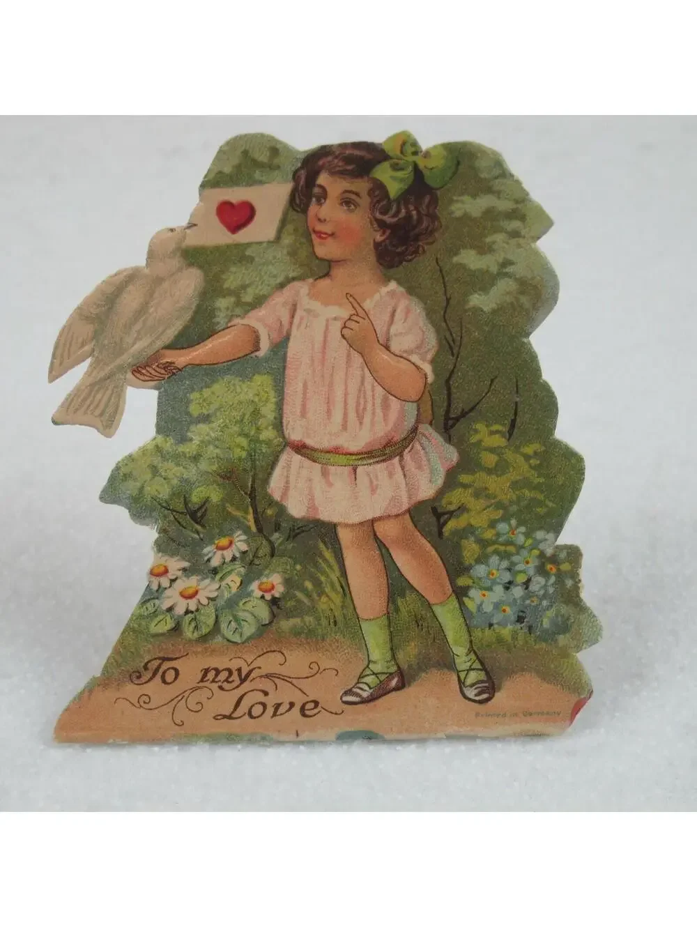 Vintage Valentine Die Cut Stand Up Girl Pink Dress & White Dove 1920-30s Germany